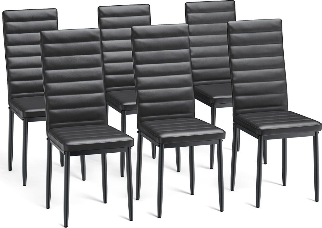 A set of six black dining chairs arranged in a row against a white background.