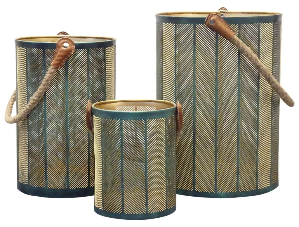 Lot de 3 lanternes Golden Light en acier DarkGreen et jute naturelle