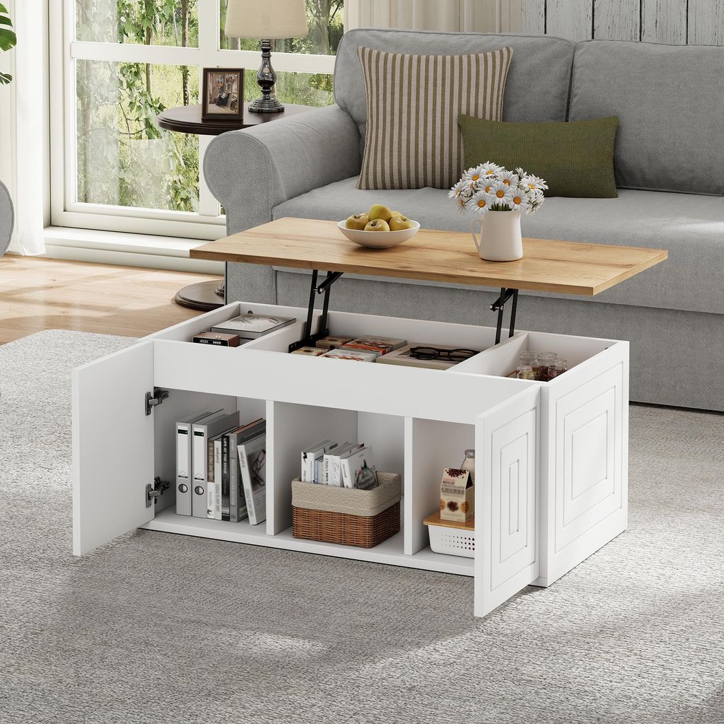 Merax Höhenverstellbarer Wohnzimmer-Couchtisch, Beistelltisch mit Stauraum und 2 Schranktüren, Sofatisch, Multifunktional, Naturholz + Weiß