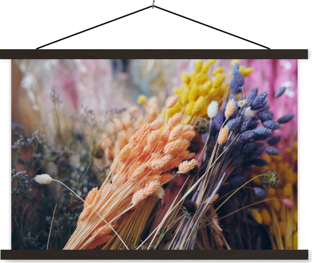 MuchoWow Textilposter Getrocknete Blumen - Farben - Stilleben 90x60 cm mit schwarzem Rahmen - Aufhängungssatz