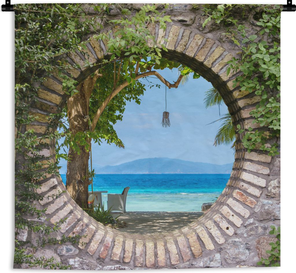 MuchoWow Wandteppich Wandbehang Strand - Durchsichtig - Tropisch - Strandkorb 90x90 cm Tapisserie Dekoration Wandtuch - Wandaufhänger