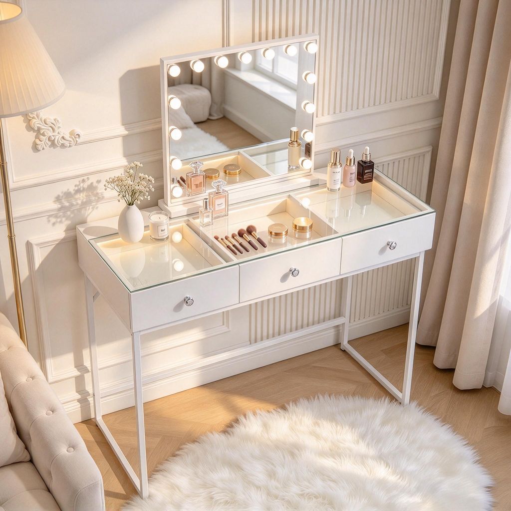 VANITII Kaptafel met spiegel en verlichting 3 lades Wit 115 Productafbeelding 