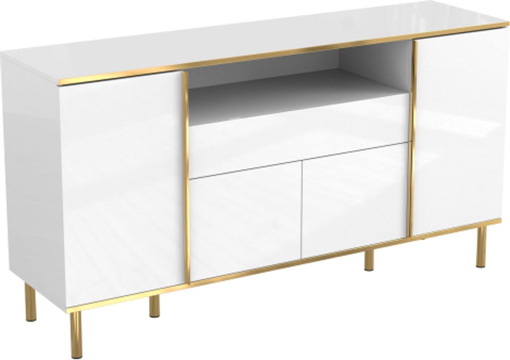Sideboard Weiss B150xT40xH80cm Hochglaenzend Vitrine 1 Schublade Kommode Schlafzimmerkommode Wohnzimmerschrank Lagerschraenke Anrichte Vitrine