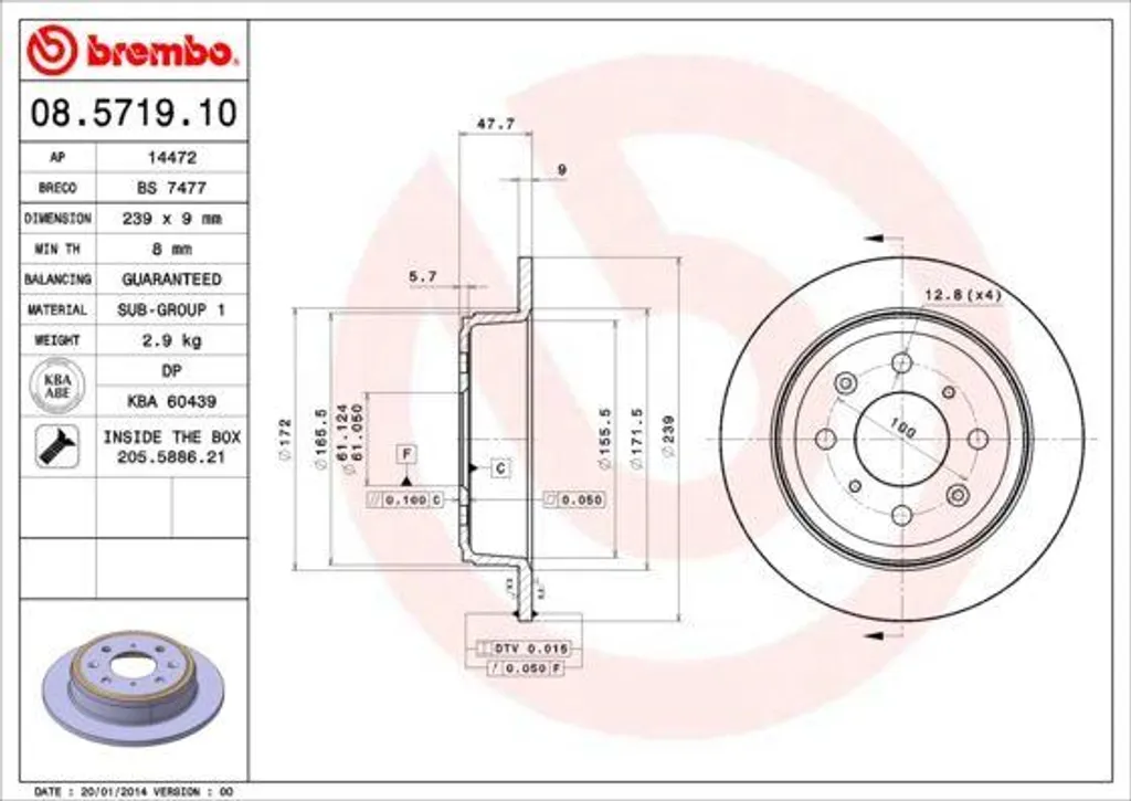 Disque de frein BREMBO 08.5719.10 pour Civic V VI et CRX III EG EH