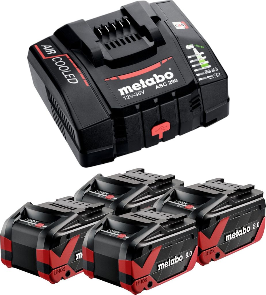 Metabo Basis Set 4x LiHDX Akkupack 18 V 8,0 Ah Akku ( 4x 624975000 ) + ASC 290 Ladegerät ( 627370000 )