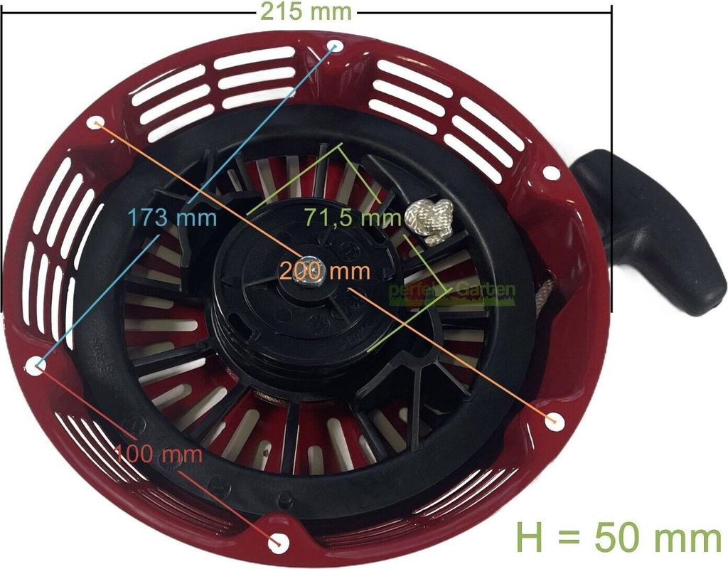 A close-up view of a red and black recoil starter assembly with measurement annotations.