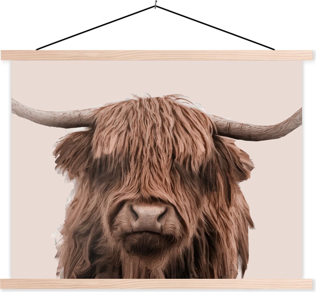 MuchoWow Textilposter Schottisches Hochlandrind - Kuh - Vlies 40x30 cm mit holzfarbenen Rahmen - Bilder