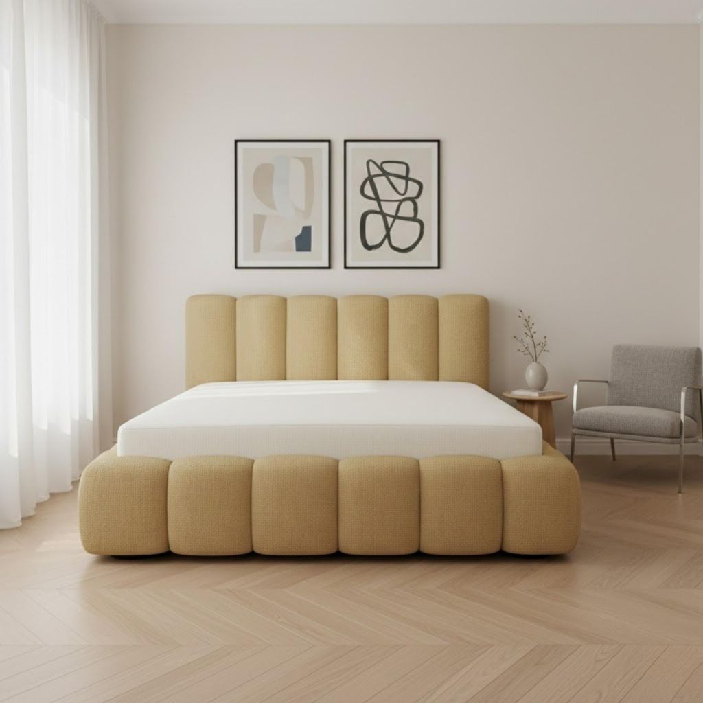 Polsterbett 160x200 - Gelb - Bett mit Bettkasten und Lattenrost - Familien Bett - Metallgestell - Gasfedern - Modernes Design - ohne Matratze