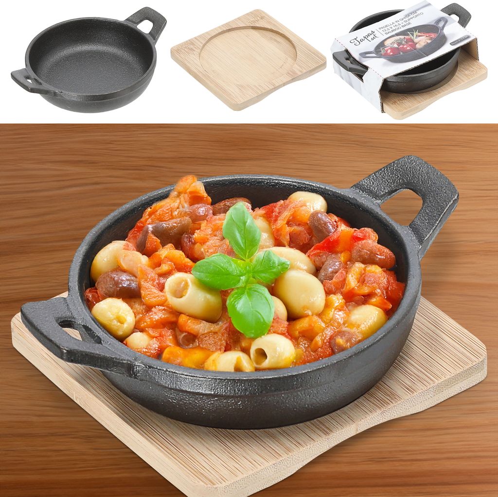 Servierpfanne 2er Set rund 12,5x5,5x16,5cm Eisen Bambus Pfanne Bambusbrett Tischgeschirr Servierpfännchen zwei Griffe