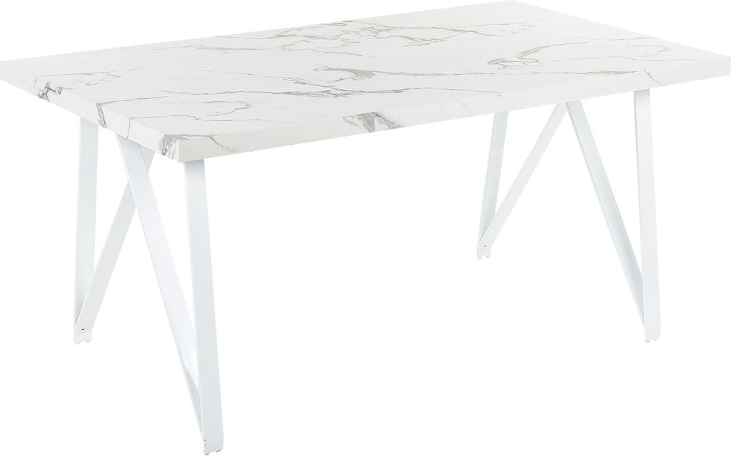 BELIANI Esstisch Weiß MDF-Platte Marmor Optik 160 x 90 cm für 6 Personen Rechteckig X-Form Metallgestell Wohnküche Esszimmer Wohnzimmer Möbel