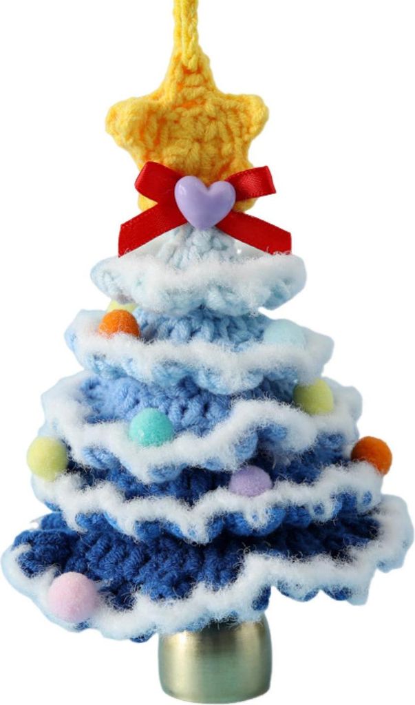Handgemachter Mini-Weihnachtsbaumschmuck aus Strick, mehrlagig gehäkelt, schneebeflockter Baum mit goldenen Glöckchen und Sternspitze für Weihna...