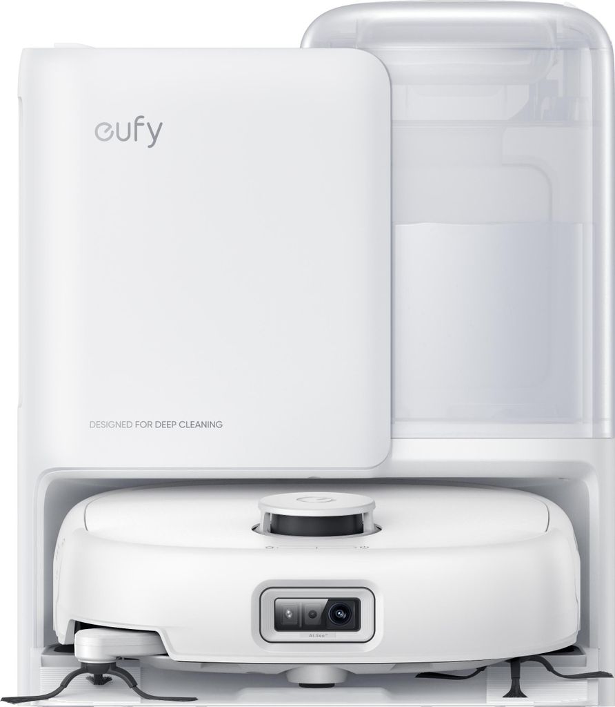 A white robot vacuum cleaner with its docking station.