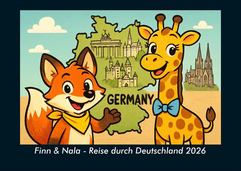 Finn & Nala - Reise durch Deutschland 2026 Fotokalender - Querformat DIN A4, Monatskalender mit Kinder-Motiven von Tieren, Reisen, Freundschaft und...