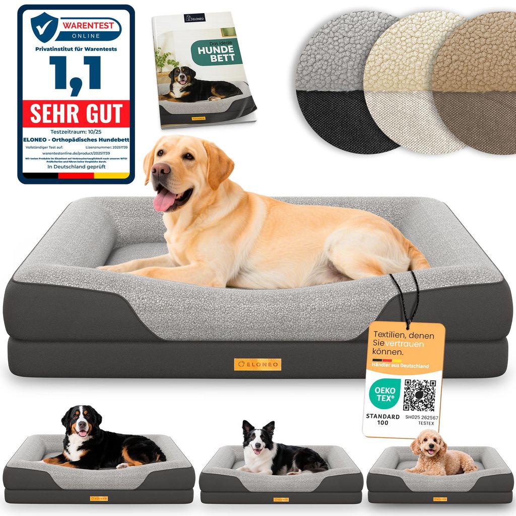 ELONEO Orthopädisches Hundebett, Größe L - Grau