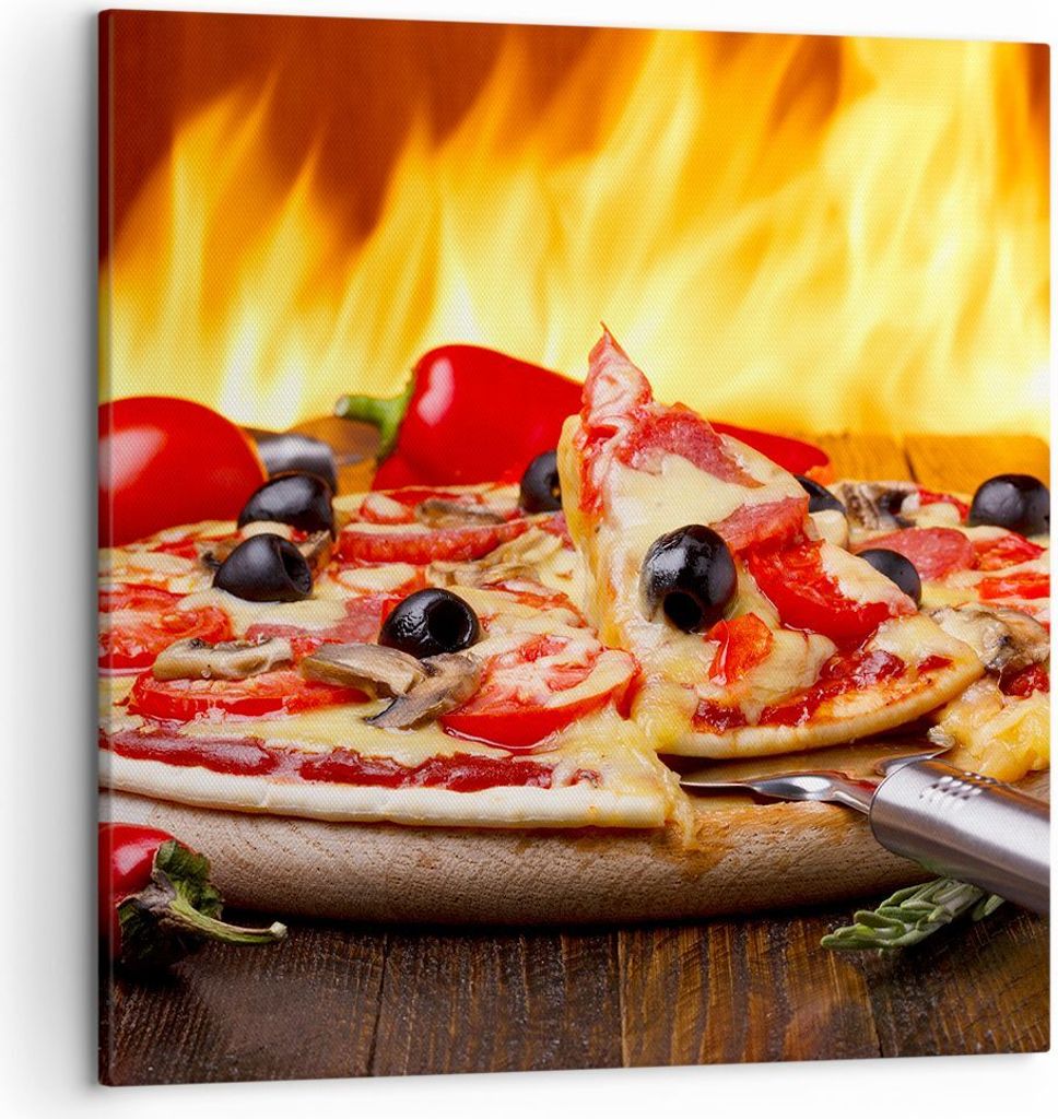 Bild auf Leinwand - Leinwandbild - Kuchen Backen Pizza Käse - 50x50cm - Wand Bild - Wanddeko - Leinwanddruck - Bilder - Kunstdruck - Wanddekoratio...