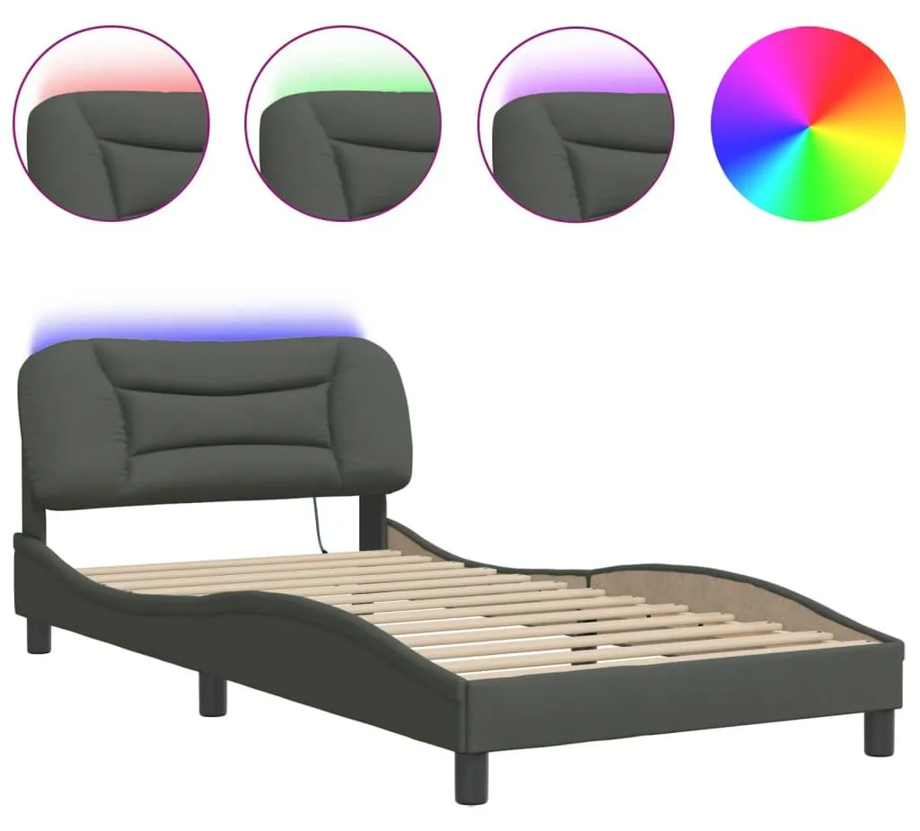Sommier 100x203 cm pour chambre moderne avec LED et tissu gris foncé