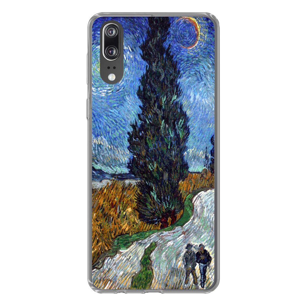 MuchoWow Handyhülle Schutzhülle Hülle für Huawei P20 Straße mit Zypresse und Stern - Vincent van Gogh Silikon Softcase Handy Hülle - Hardcover
