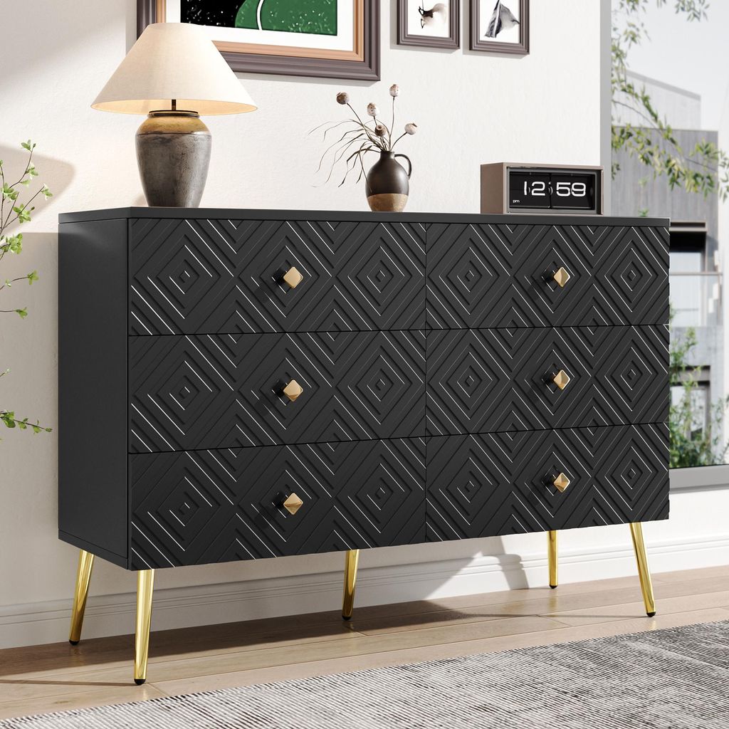 Moderne Kommode mit 6 Schubladen – 120 x 40 x 80 cm – Elegantes Schwarz und Gold – Metallbeine für zusätzliche Stabilität – Ideal für S...