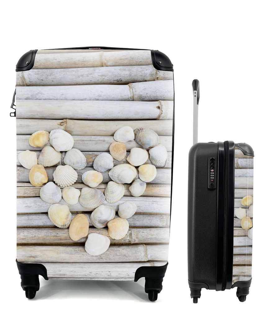 MuchoWow Koffer Handgepäck Trolley Rollkoffer Kleine Reisekoffer mit 4 Rollen - Herz - Muschel - Strand - Meer - Cabin Size < 55x40x23 cm & 55x4...