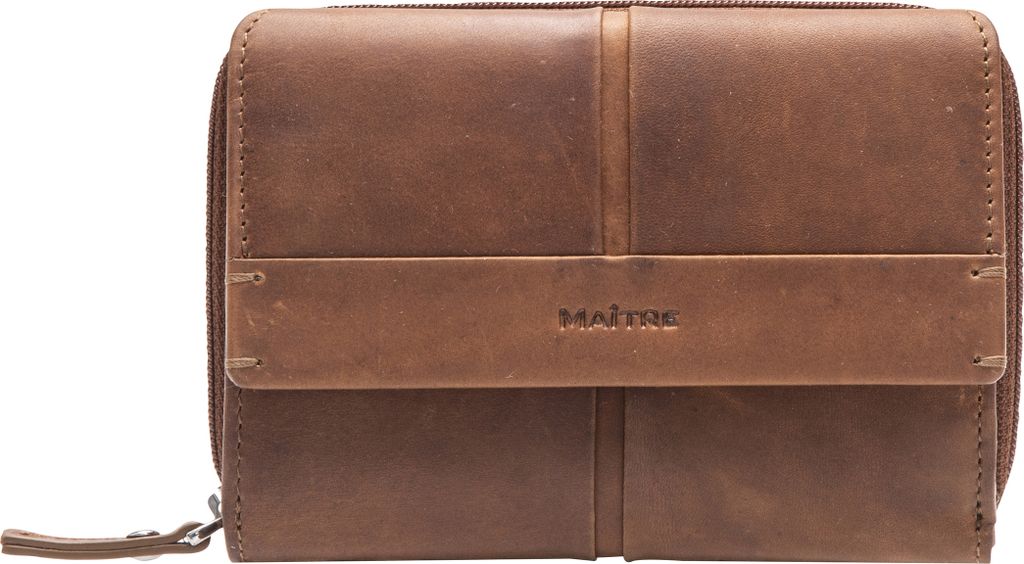 A brown leather wallet with a zipper closure and a horizontal strap across the front with the brand name embossed on it.