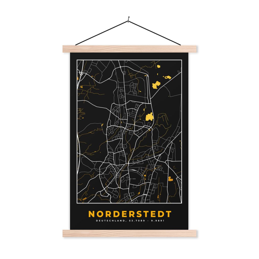 MuchoWow Textilposter Karte - Norderstedt - Gold - Stadtplan - Deutschland 120x180 cm mit holzfarbenen Rahmen - Textil-Plakat