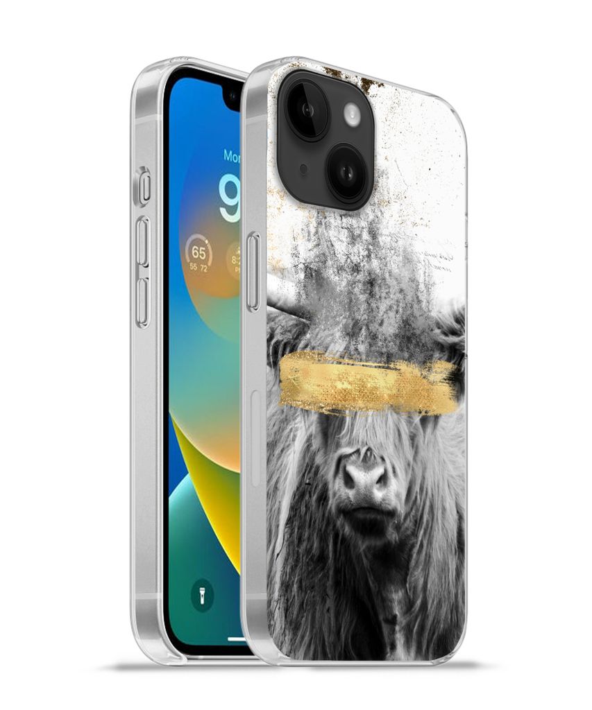 MuchoWow Handyhülle Schutzhülle Hülle für Apple iPhone 14 - Softcase Schottischer Highlander - Gold - Abstrakt Silikon Softcase Handy Hülle ...