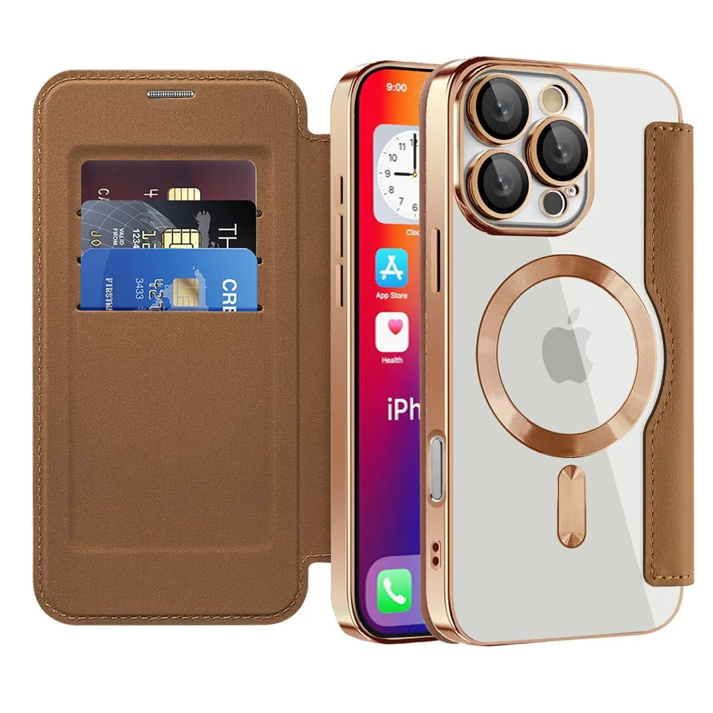 Custodia per iPhone 16 Pro Max compatibile con MagSafe, custodia trasparente con portacarte, custodia in pelle con protezione per fotocamera Marrone