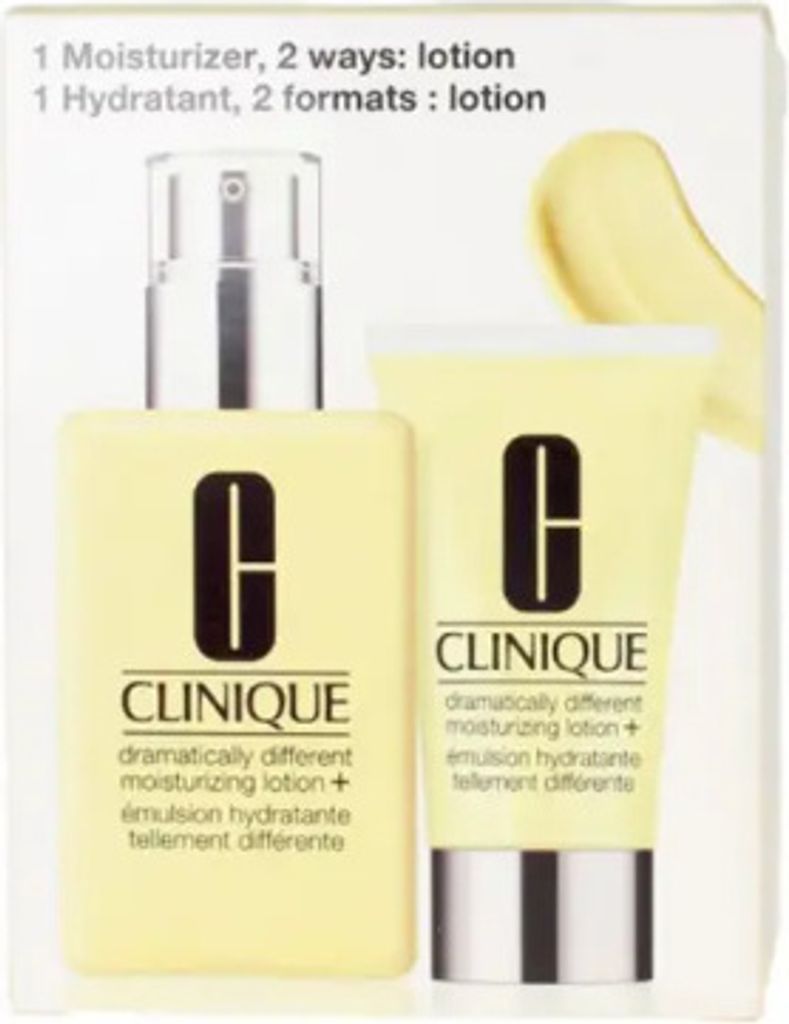 A set of Clinique moisturizers, one in a pump bottle and the other in a tube, both yellow with black logos.