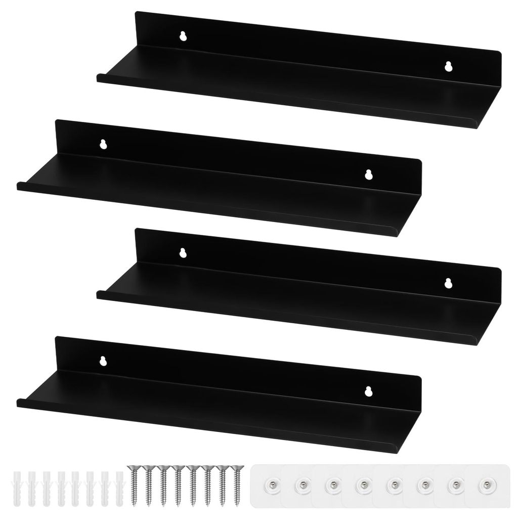 4-teiliges Set schwarzer Metall-Wandregale, schwebende Regale, 40 cm, inklusive Schrauben und Haken, Küchenwandregal, schwarzes Metallregal, schwe...