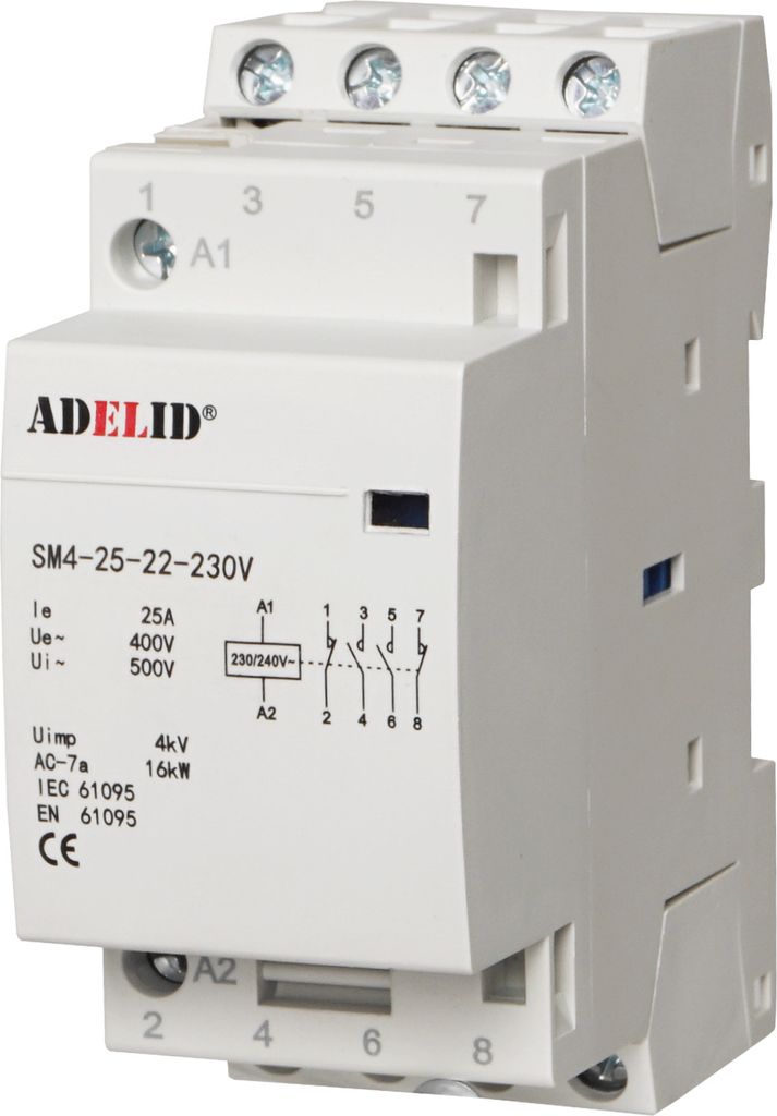 A white electrical relay or contactor with branding and technical specifications visible.
