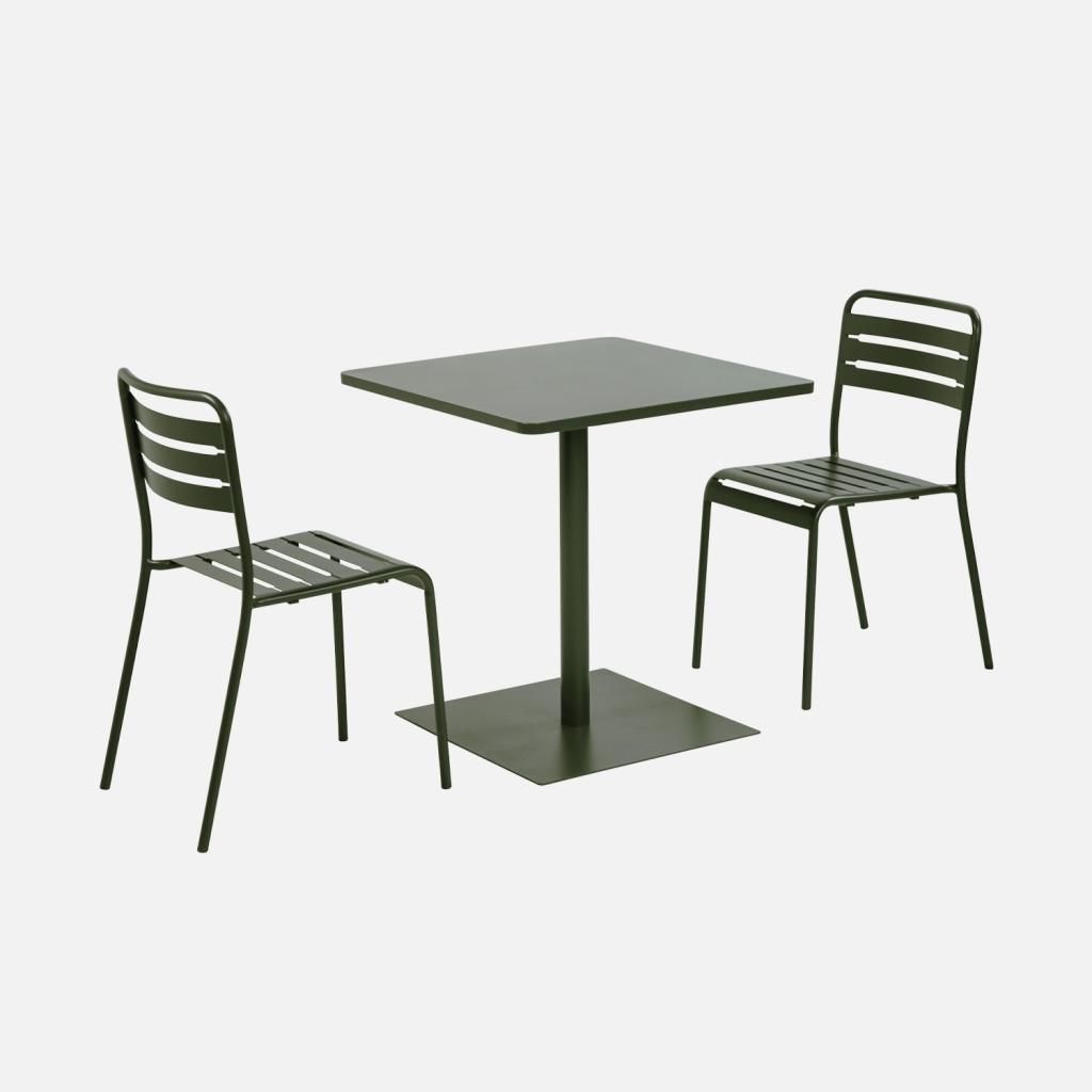 sweeek - Bistro-Gartentisch quadratisch aus Stahl + 2 Stühle - Khaki