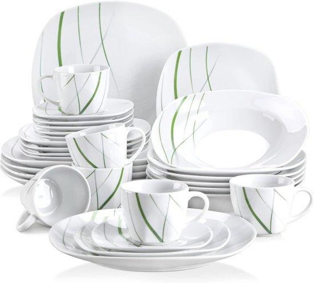 Porzellanservietten für 6 Personen mit Kaffeetassen, Schüsseln, Desserttellern, Suppentellern und Platten