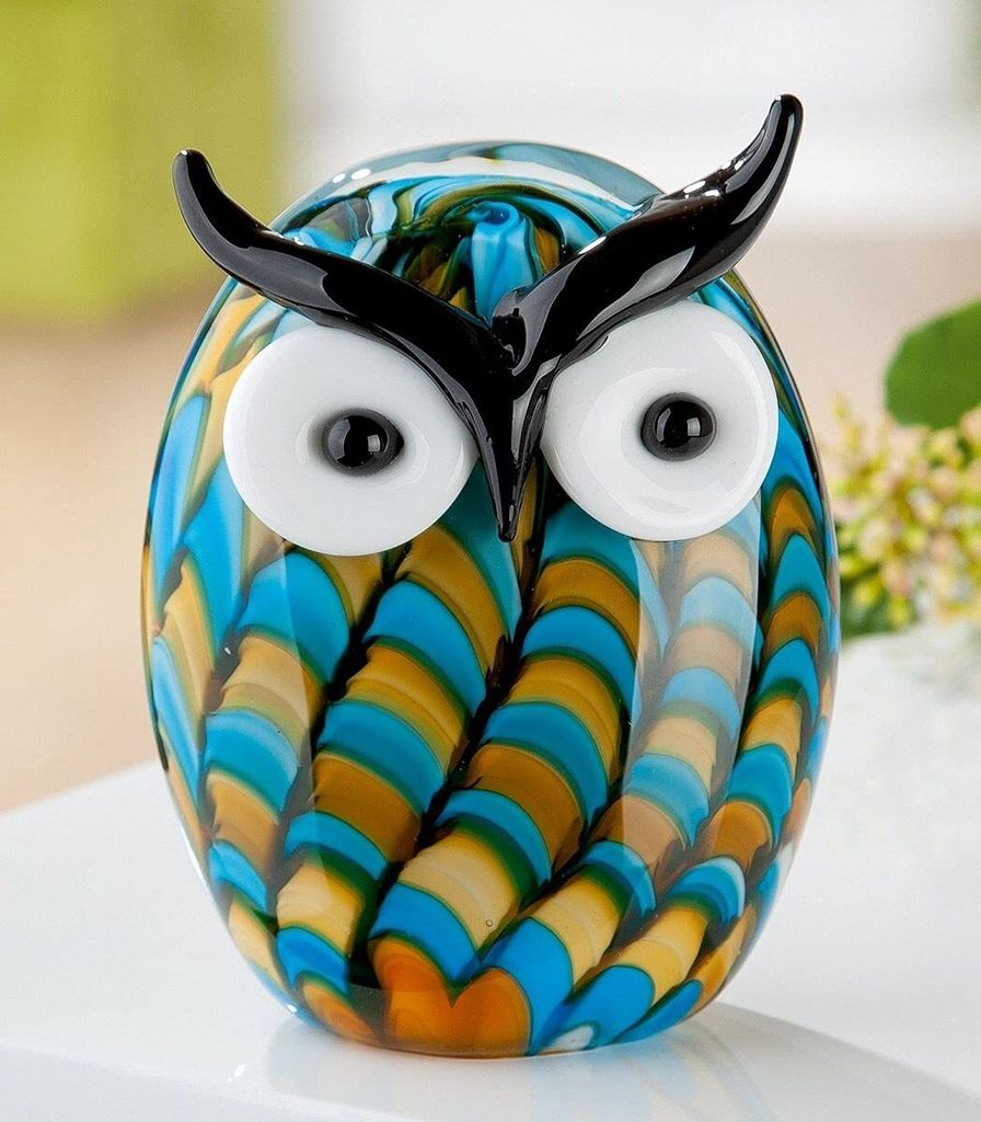Gilde GlasArt Eule "Olli" aqua/sand/weiiß/schwarz durchgefärbt und mundgeblasen H: 13.50 cm B: 10.50 cm Tiefe: 6.50cm 39817