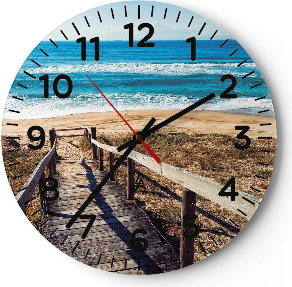 Wanduhr - Rund - Glasuhr - Meer Strand Eintritt - 30x30cm - Schleichendes Uhrwerk - Lautlos - zum Aufhängen bereit - Dekoration Modern - Wanddekor...