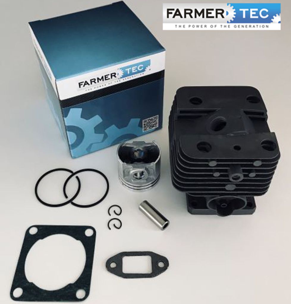A product shot of a chainsaw cylinder kit with its packaging.
