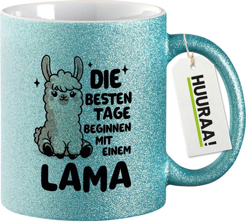 Huuraa Glitzertasse Besten Tage beginnen mit einem Lama 330ml Blau Keramik Kaffeebecher Geschenkidee