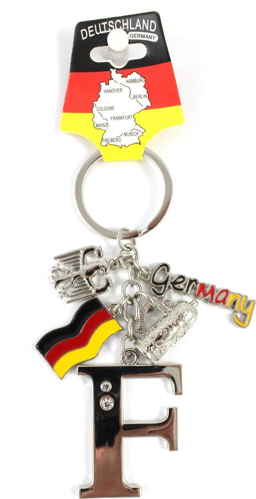Schlüsselanhänger "F" H.: 11cm Buchstaben/Letter/Initalien/Alphabet/ABC mit Glitzersteinen & Charms Bierkrug/Adler/Deutschland-Fahne/Germany