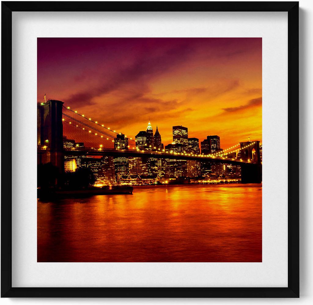 Abendlicher Blick auf die Brooklyn Bridge– Wandbild mit Rahmen – Gerahmtes Bild – Wanddekoration – 50x50 cm – Schwarz Rahmen