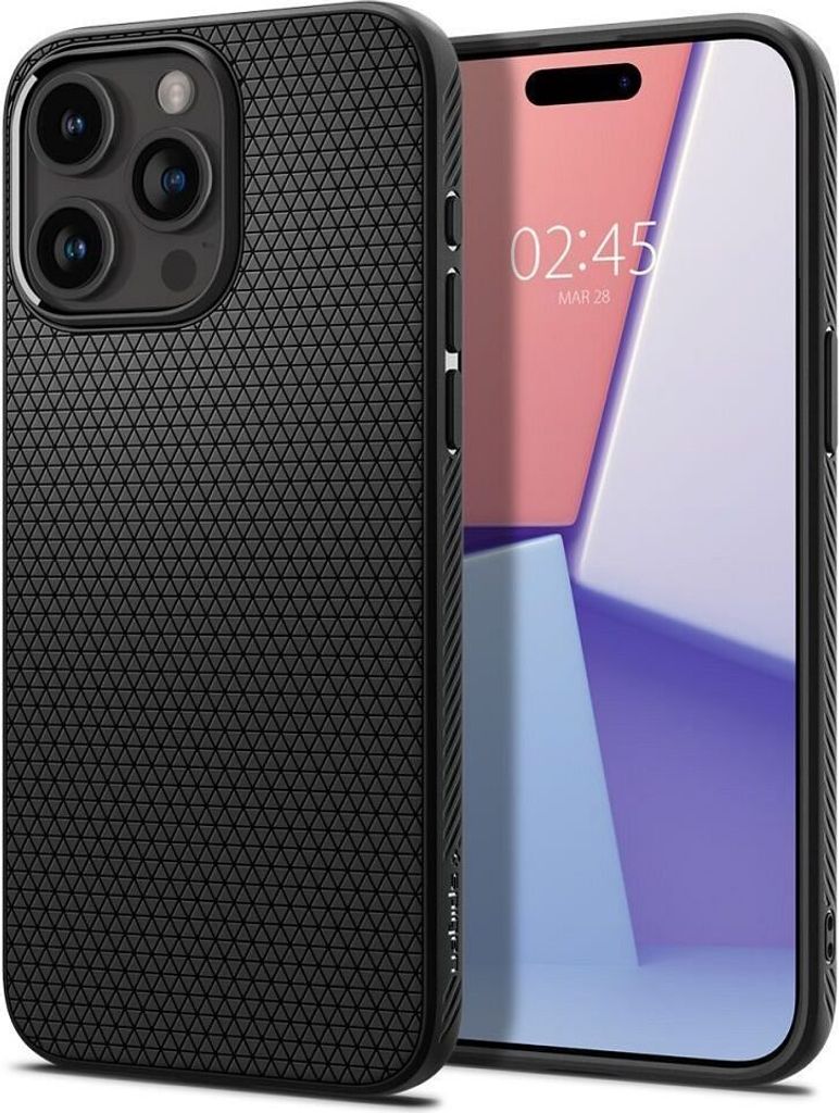 A black phone case is shown next to a phone displaying a clock and wallpaper.