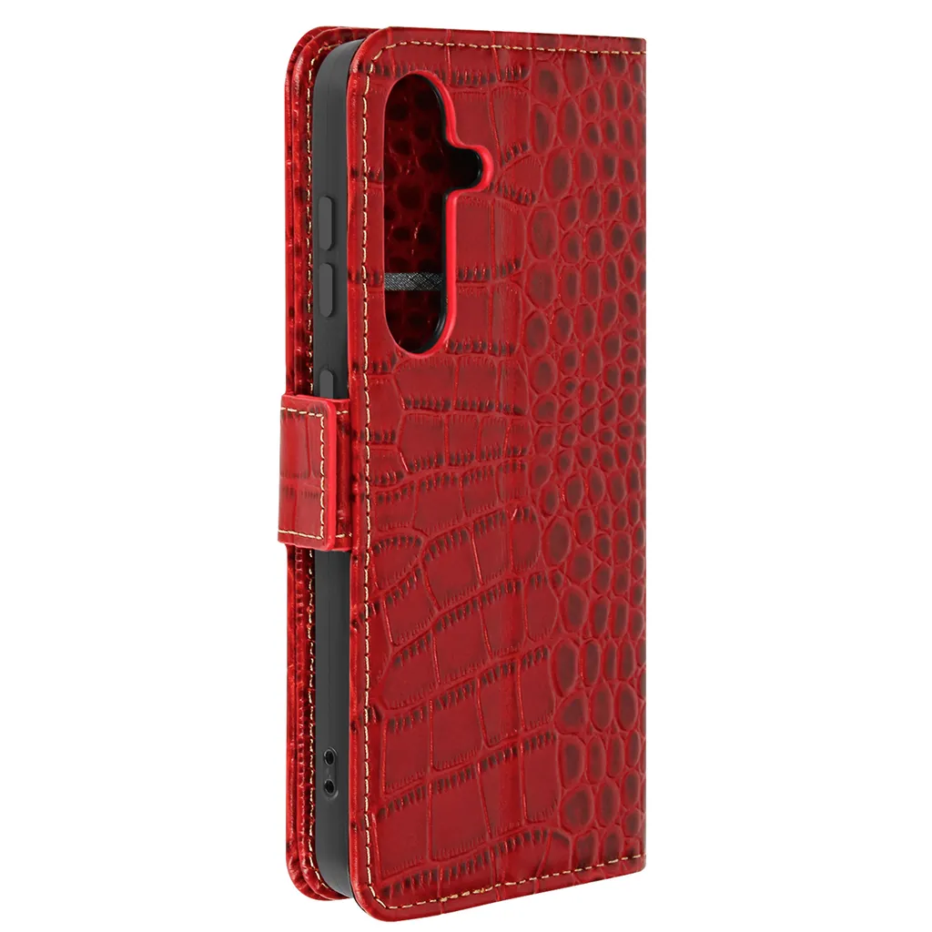 Housse Intégrale Galaxy S24 S25 en Cuir Crocodile Rouge avec RFID