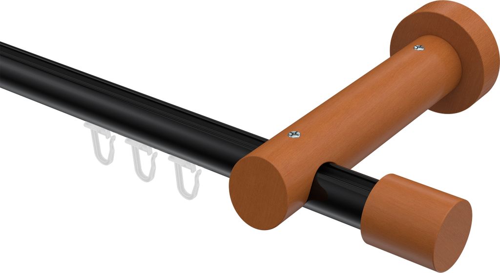 Interdeco Innenlaufstange / Gardinenstange mit Innenlauf Schwarz / Kirschbaum lackiert, Typ Talent Feta (Kappe), 20 mm Ø 1-läufig, 120 cm