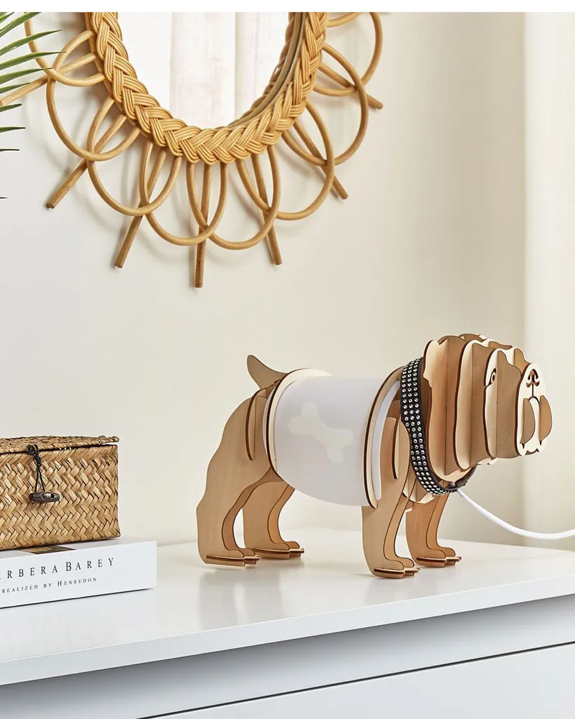 Lampe de table décorative chien bois blanc pour bureau et petit espace