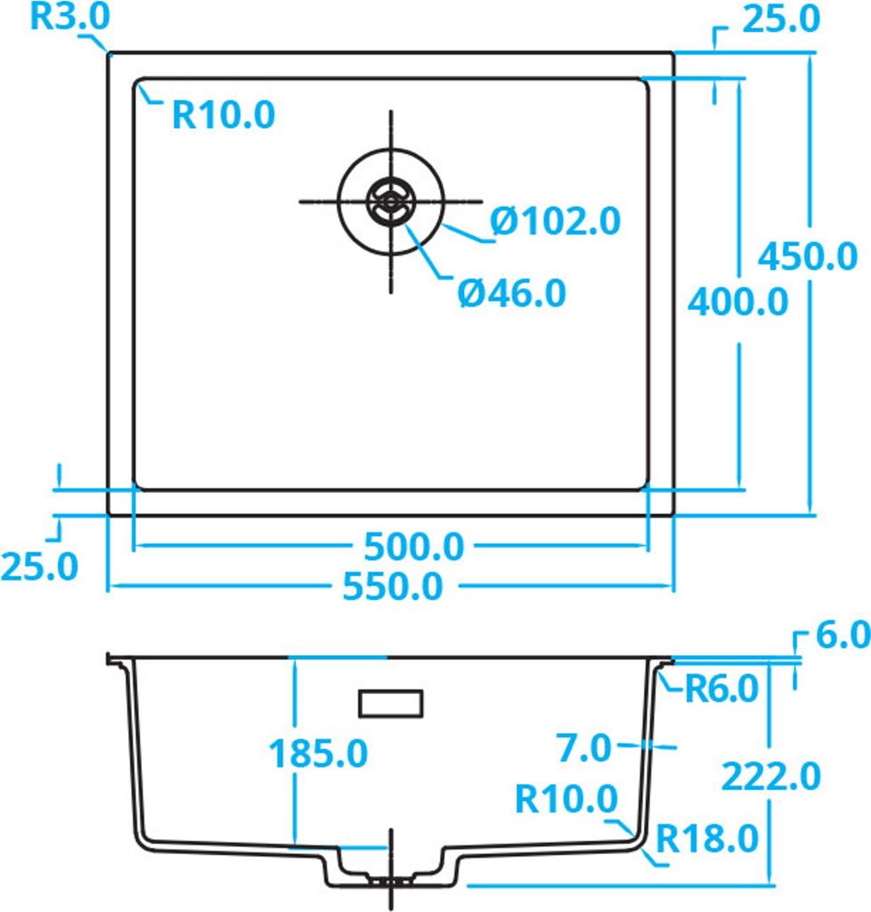 Caressi Black Line quadratisches Spülbecken für Aufbau und Produktbild 3