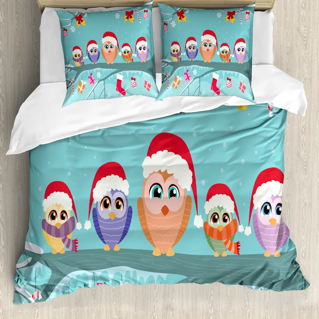 ABAKUHAUS Set copripiumino natalizio per letti matrimoniali, grazioso motivo con gufi, antiacaro, adatto a chi soffre di allergie, con federe, multicolore