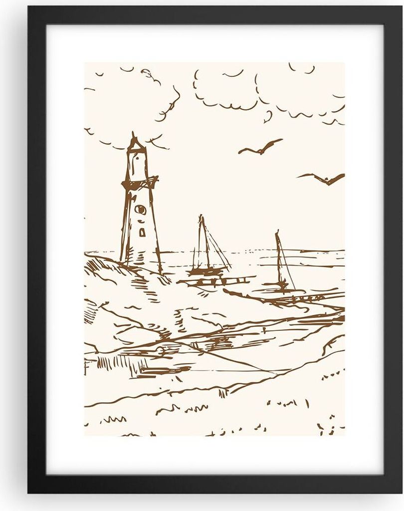 Gerahmtes Poster - Schwarzer Rahmen - Skizze Küste Laterne - 30x40 cm - Wand Bild - Wanddeko - Wandbilder - Kunstposter - Wandposter - Bilderrahme...