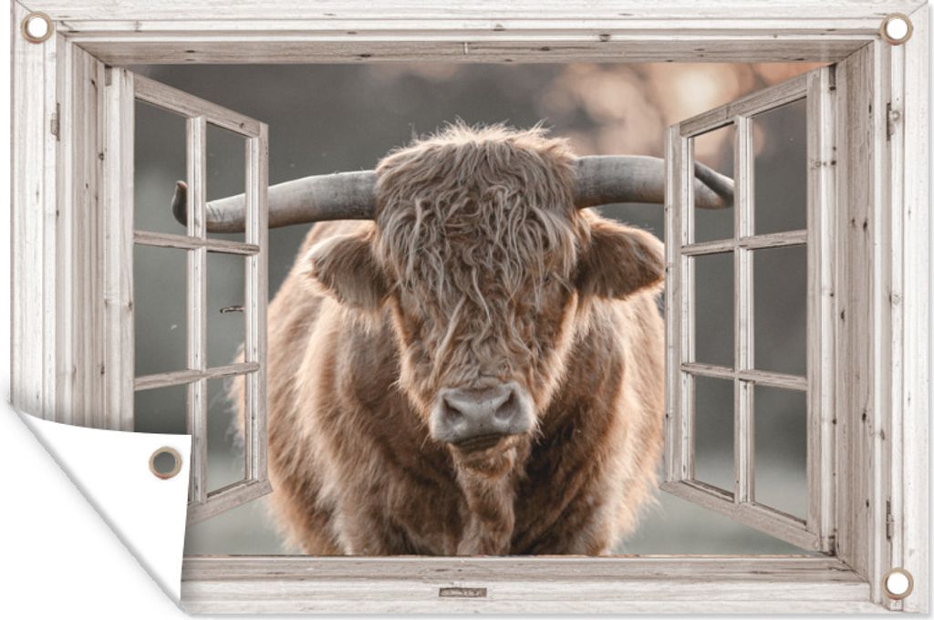 MuchoWow 90x60 cm Outdoor-Poster Gartendeko Sichtschutz Garten Poster für den Garten Schottischer Highlander - Tier - Ansicht