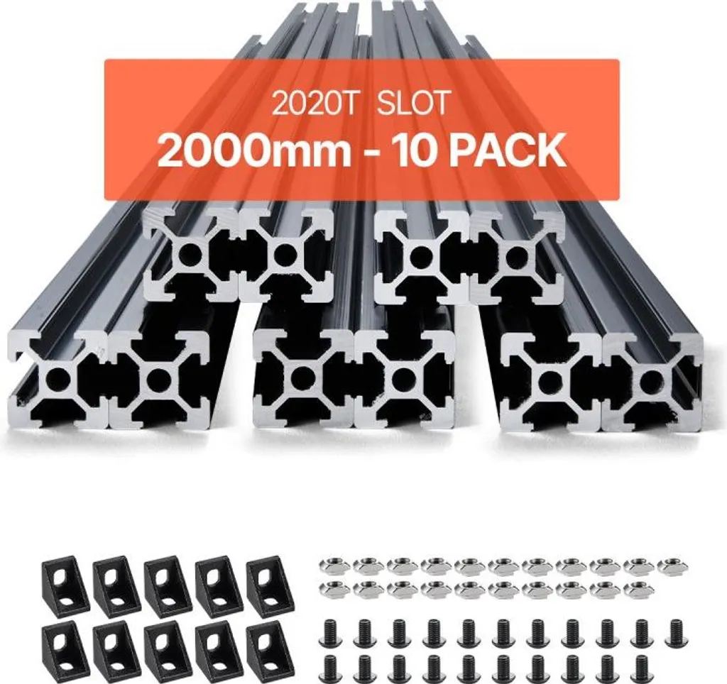 Profilé Aluminium Rainuré Noir 2020 Standard Européen 2000mm Pack de 10