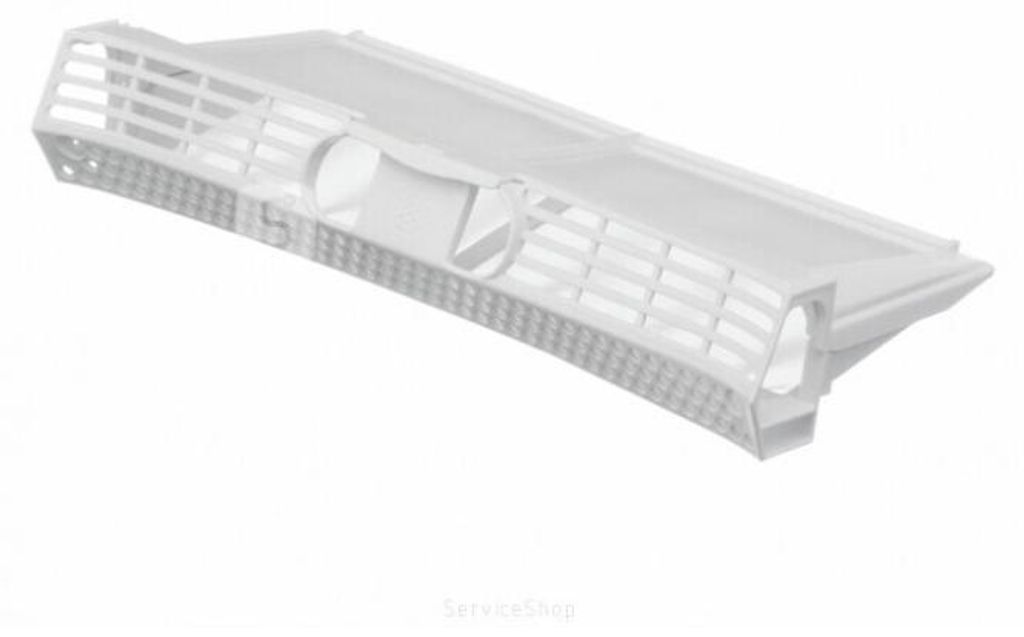 A white plastic filter for a washing machine or dryer.