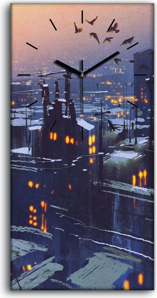 Wanduhr Uhr Wandbild Leinwand 30x60 Malerei Stadt in der Winterlandschaft - schwarze Hände