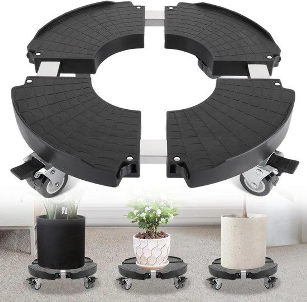 Porte-plante roulant robuste 40-48 cm en acier noir avec freins fixes